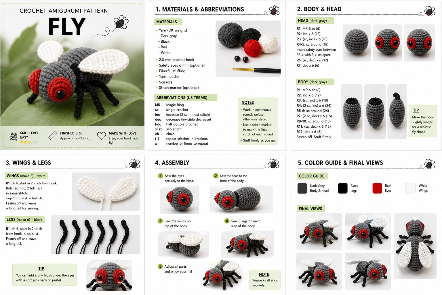 Crochet Amigurumi Pattern Fly: Free DIY Instructions for Cute Grey and Red Insect Doll
