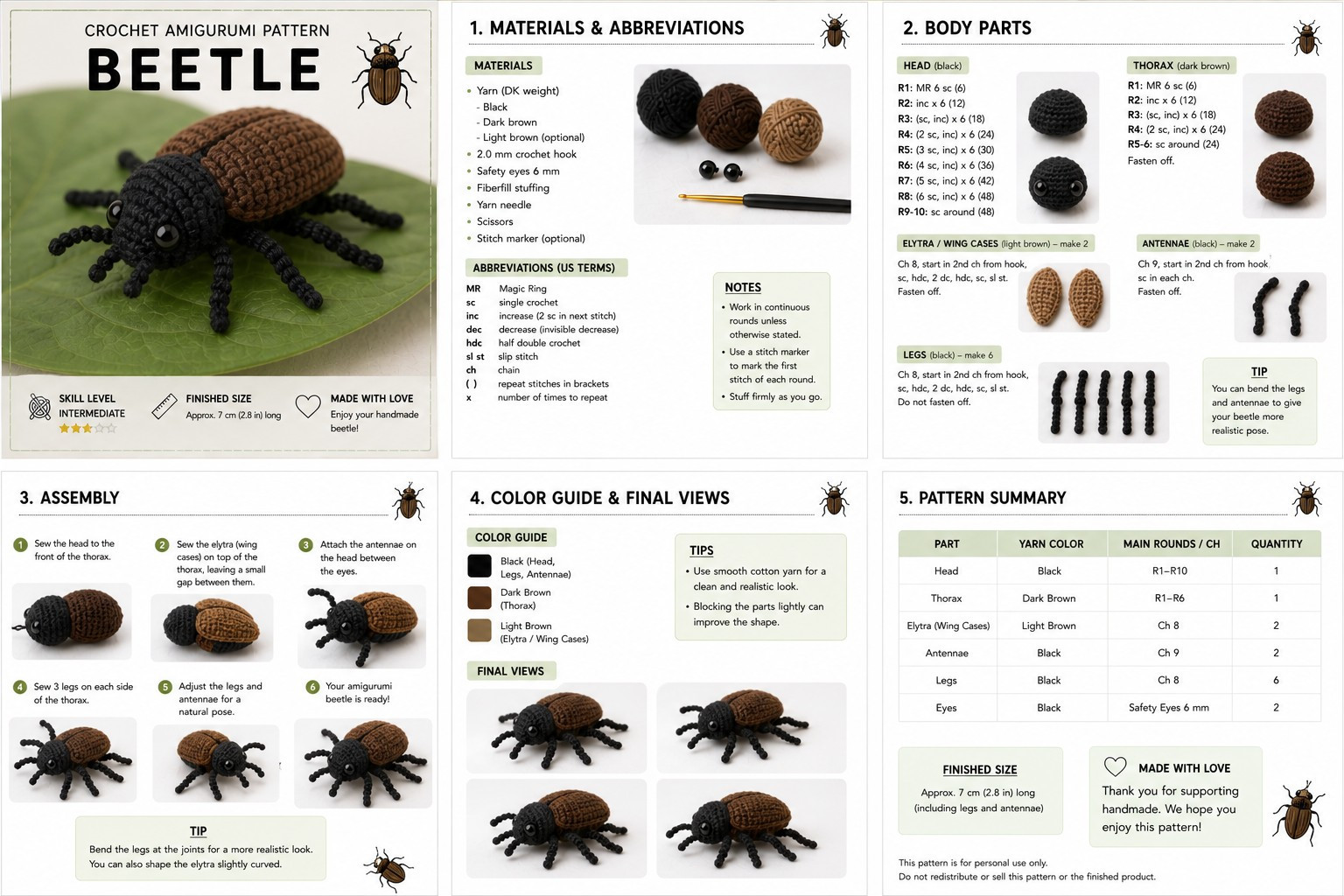Crochet Amigurumi Pattern: Realistic Black and Brown Beetle with Detailed Assembly Instructions