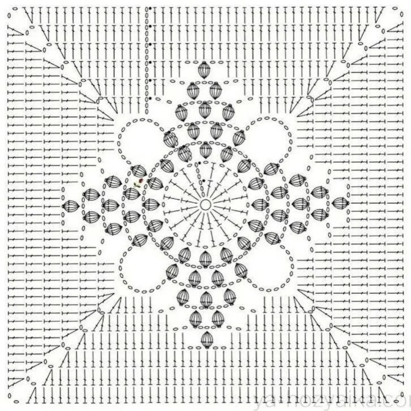 Crochet Chart for Raised Square Motif with Popcorn Stitch