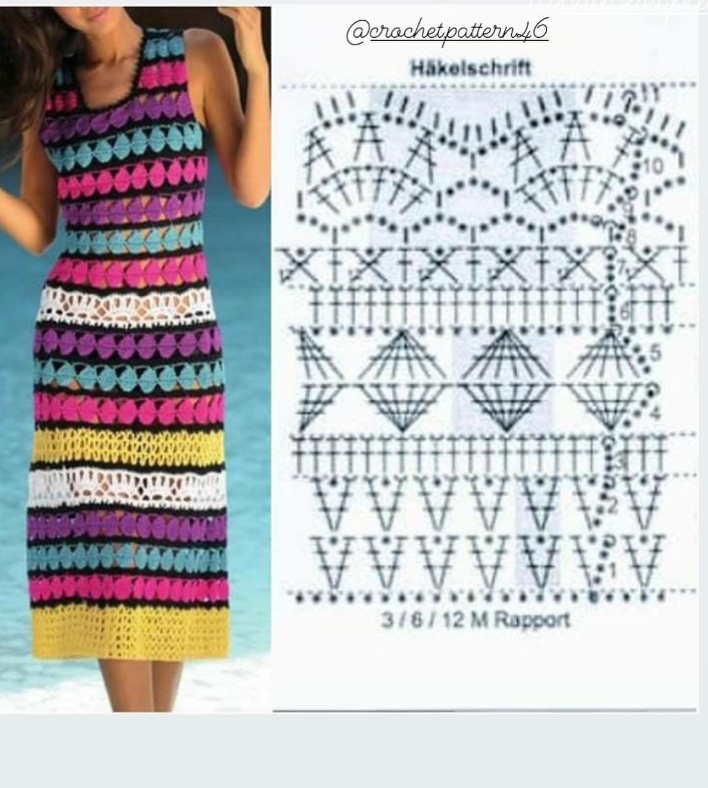Crochet Dress Pattern Chart: Black, White and Mint Geometric Design with Step-by-Step Instructions