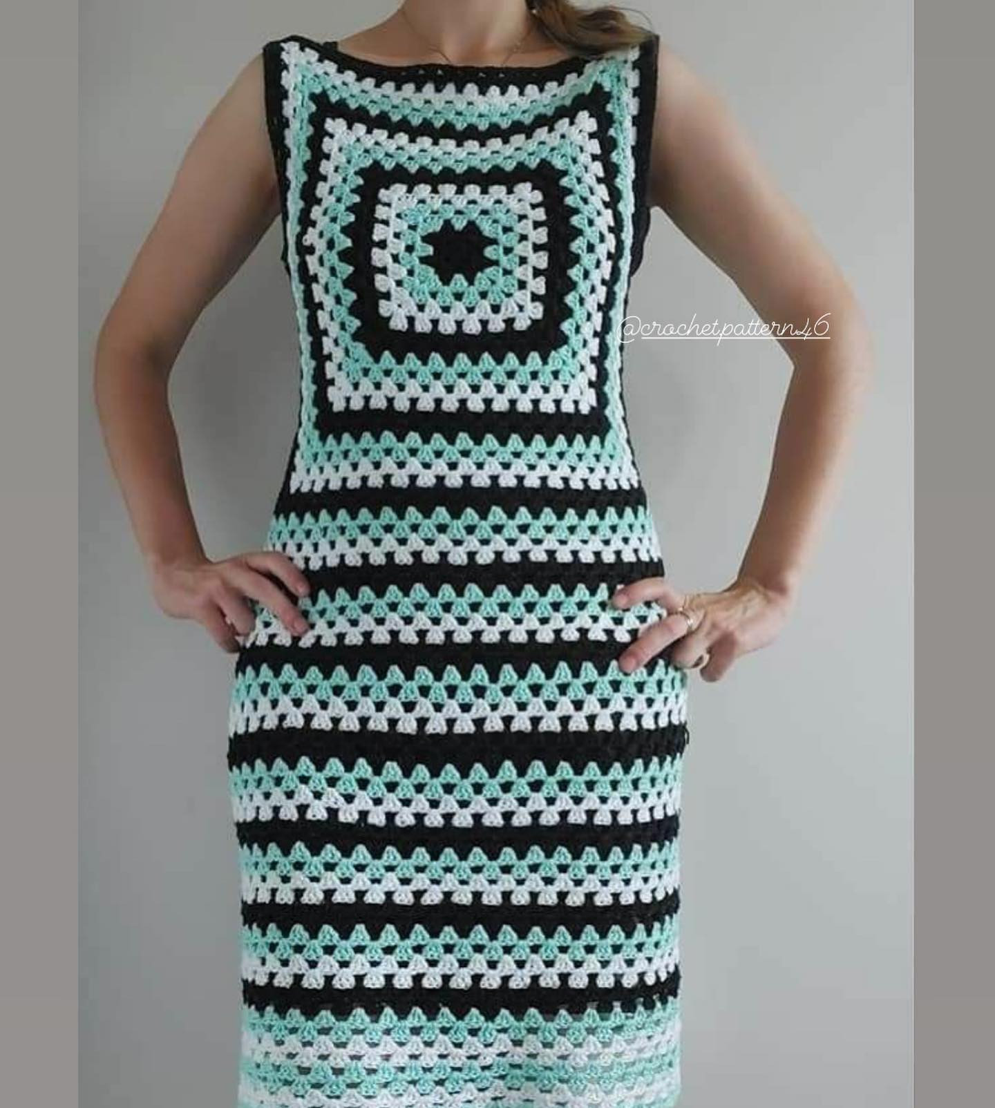 Crochet Dress Pattern Chart: Black, White and Mint Geometric Design with Step-by-Step Instructions