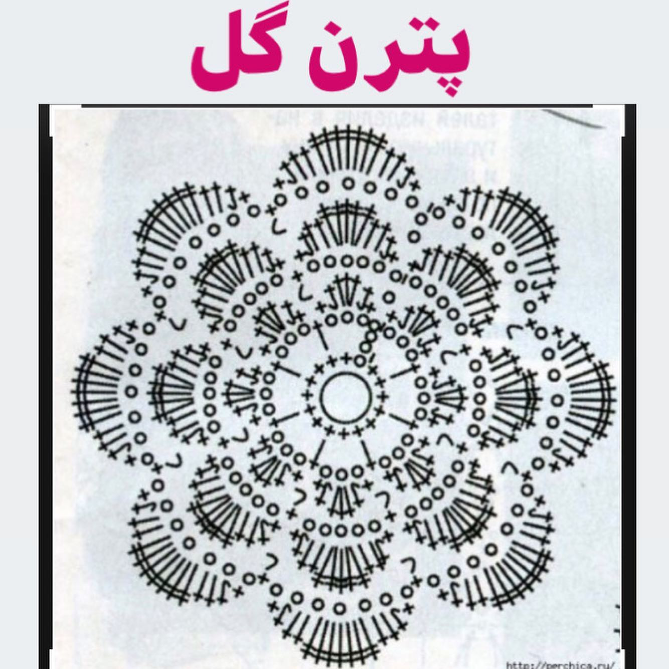 Crochet Flower Patterns: Persian Chart 'Petr-e Gol', French Diagram, and English Flat Pattern