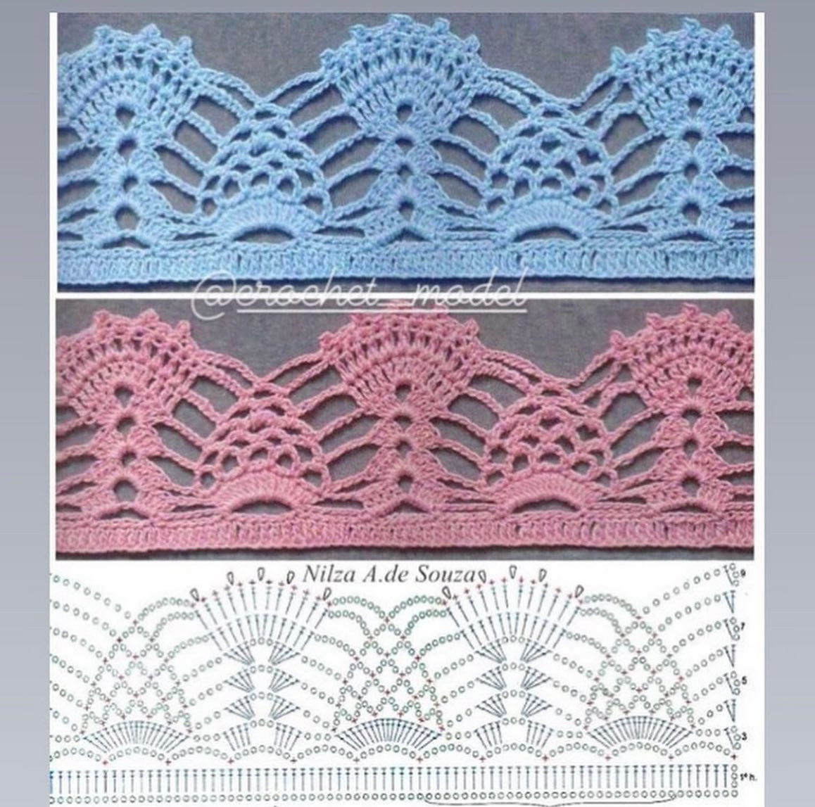 Crochet Lace Border Charts: Pink, Purple, Teal, Red Patterns with Fan and Popcorn Stitch Diagrams