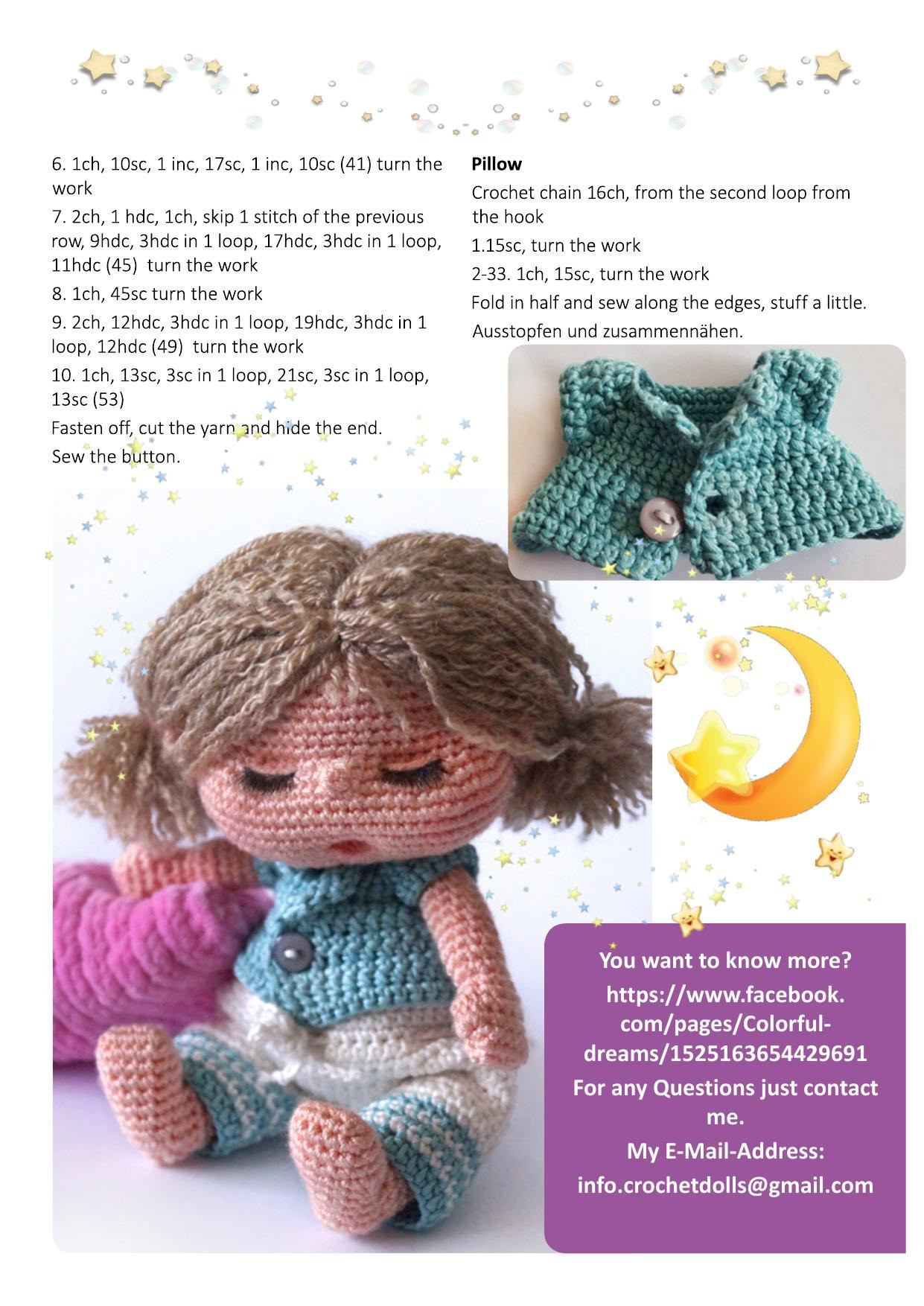 Crochet pattern Sophia the Doll: Sleeping amigurumi girl with pink pillow and blue clothes