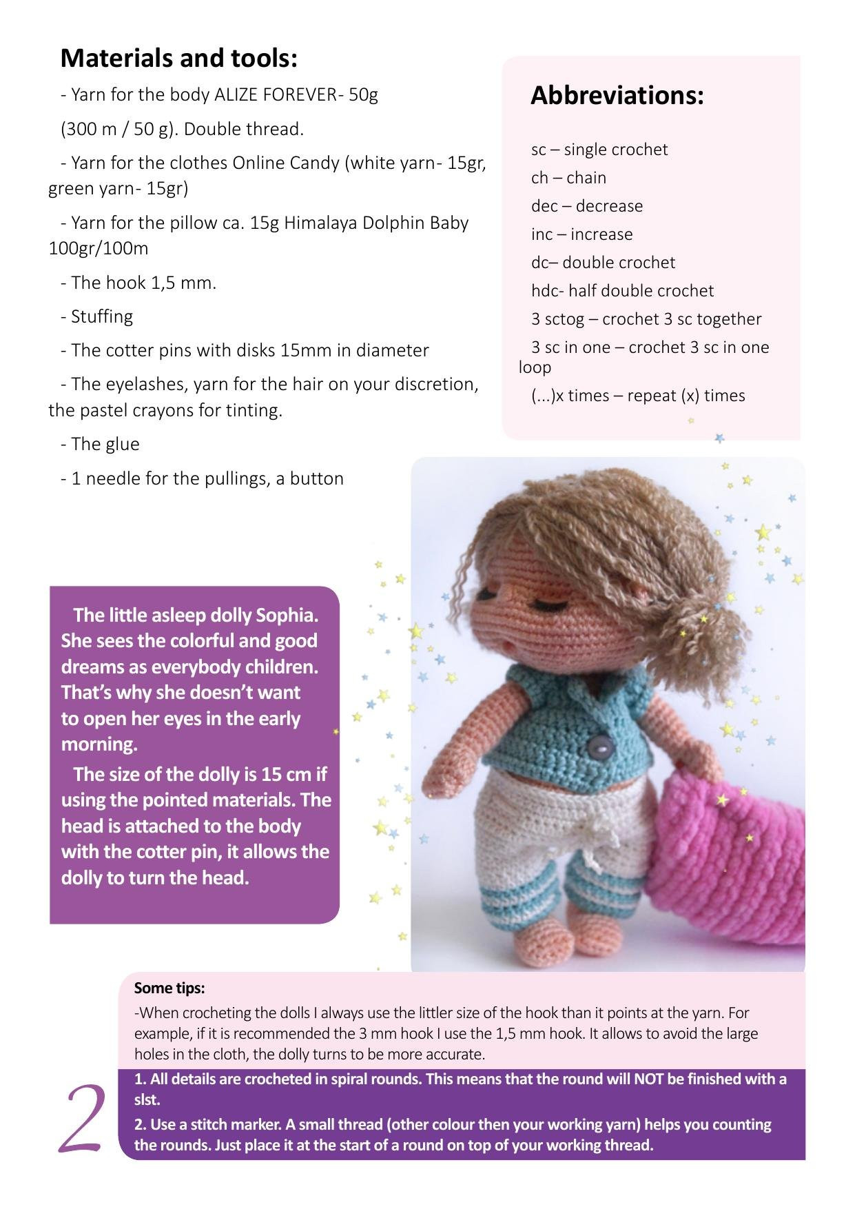Crochet pattern Sophia the Doll: Sleeping amigurumi girl with pink pillow and blue clothes