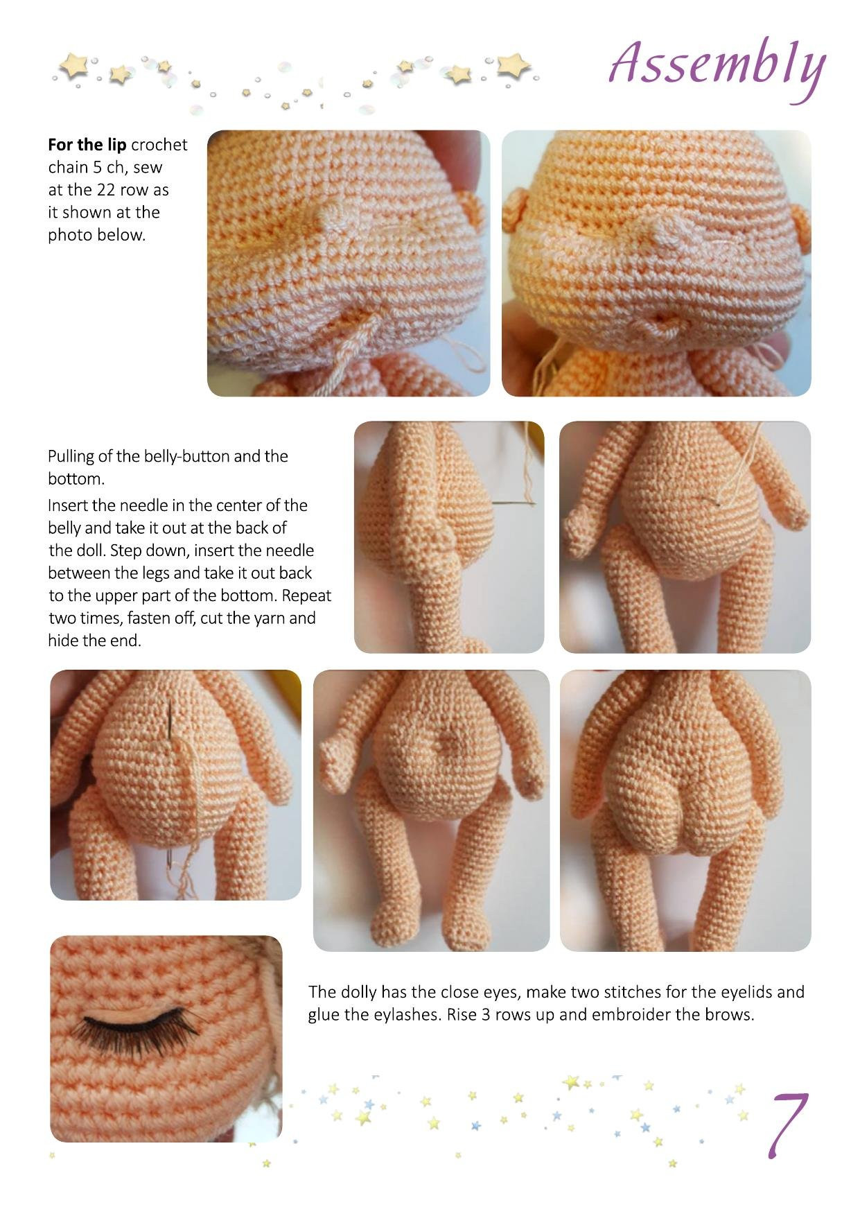 Crochet pattern Sophia the Doll: Sleeping amigurumi girl with pink pillow and blue clothes