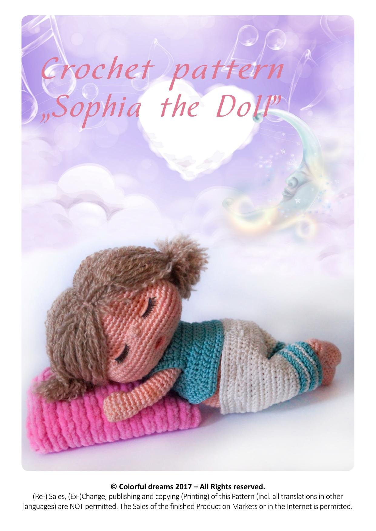 Crochet pattern Sophia the Doll: Sleeping amigurumi girl with pink pillow and blue clothes