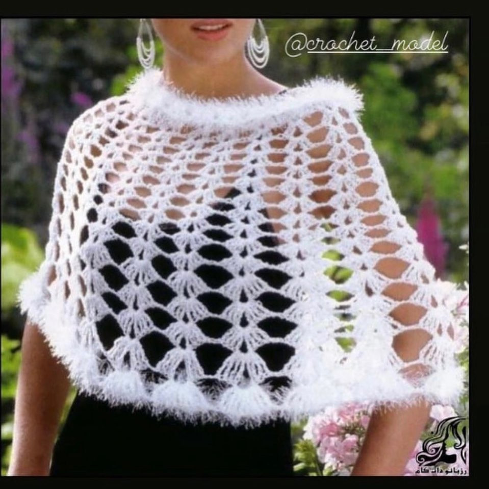 Crochet shawl pattern chart with detailed stitch diagram and finished white lacy model photos