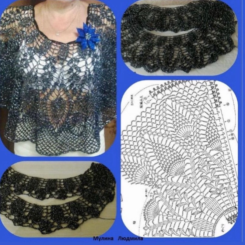 Crochet shawl pattern chart with detailed stitch diagram and finished white lacy model photos