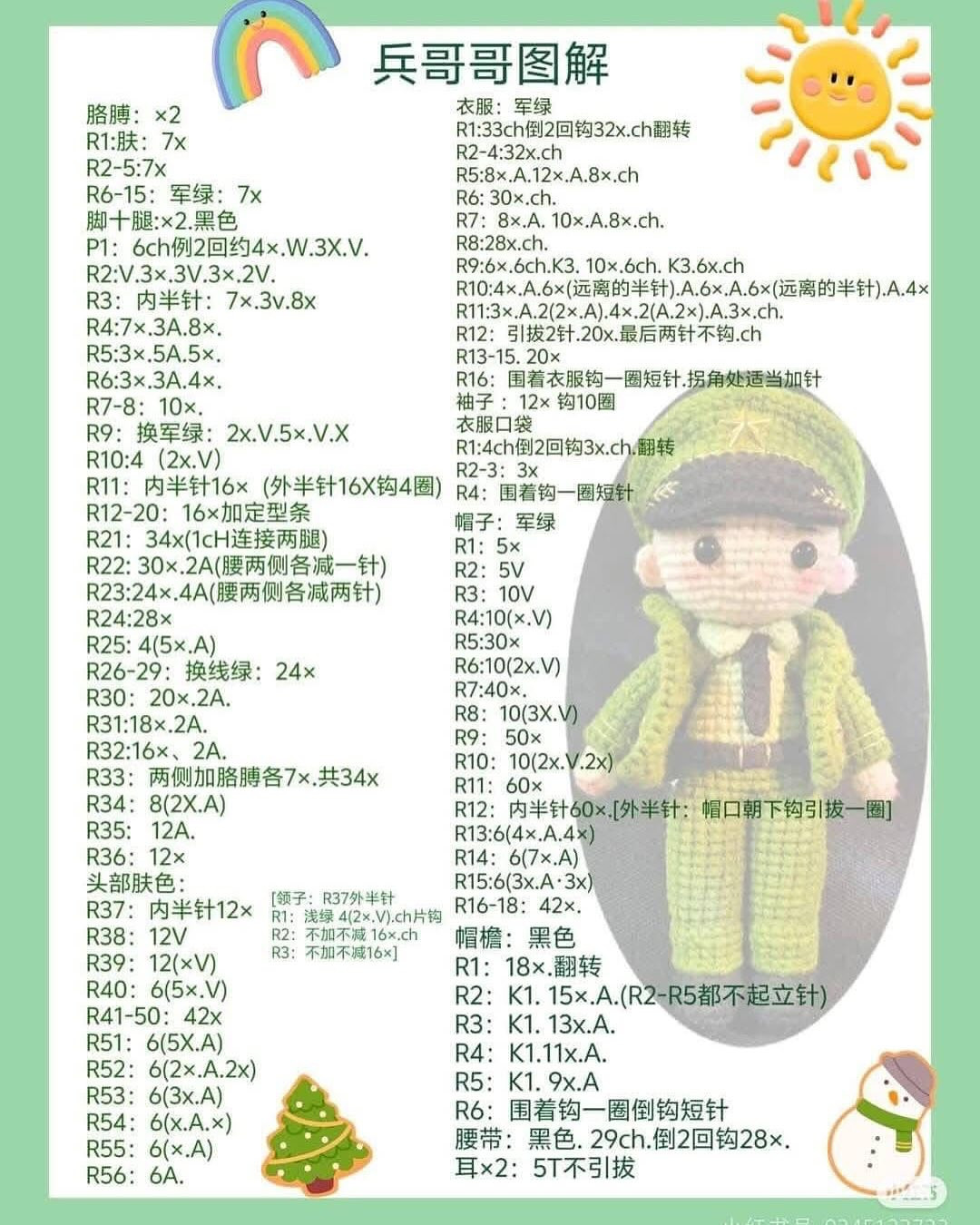 Crochet Soldier Boy Doll Pattern Chart - Green Military Uniform Amigurumi Free Tutorial