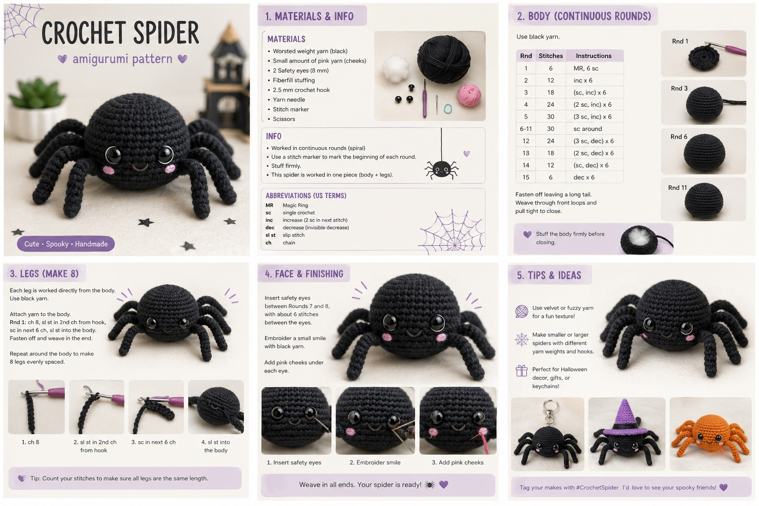 Crochet Spider Amigurumi Pattern: Cute Spooky Black Spider with Pink Cheeks Tutorial