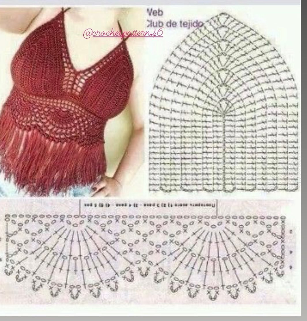 Crochet Top Patterns: Bojo Halter, Red Fringe Bralette, Blue Lace Crop Top, Mint Shell Bustier, and White Triangle Bikini Top Charts