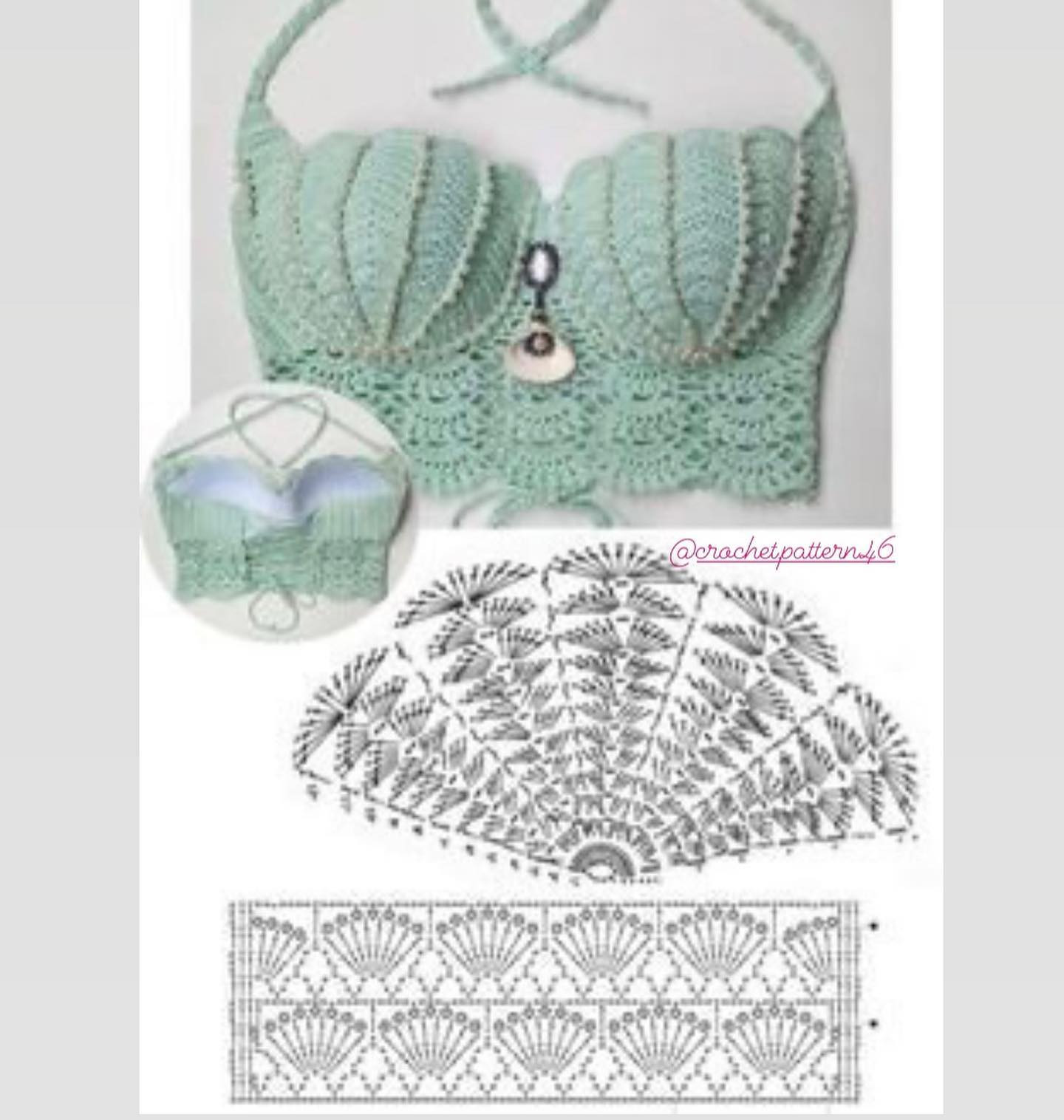 Crochet Top Patterns: Bojo Halter, Red Fringe Bralette, Blue Lace Crop Top, Mint Shell Bustier, and White Triangle Bikini Top Charts