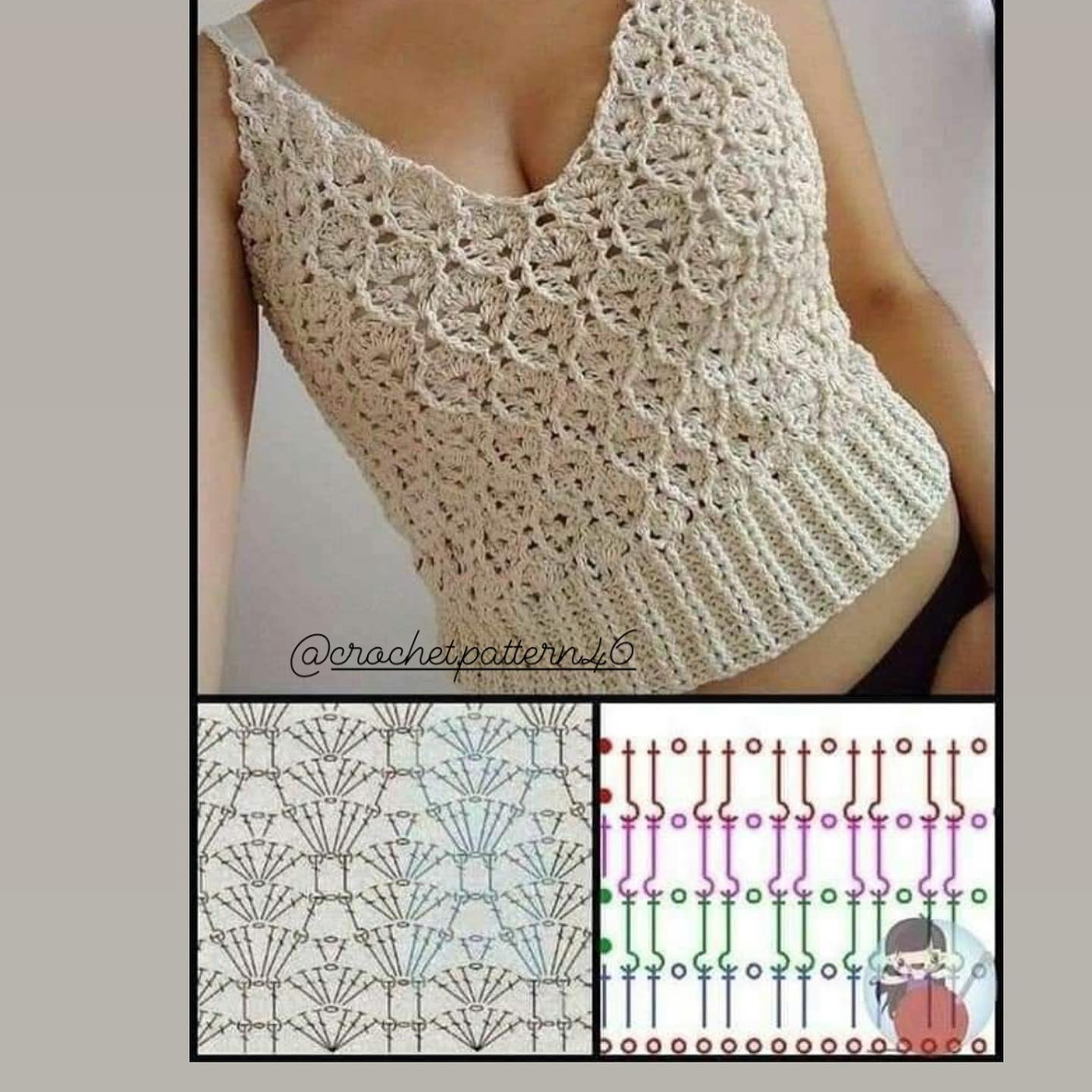 Crochet Tops Collection: Gray Wave, Brown Textured, White Tank & Beige Bodysuit with Charts