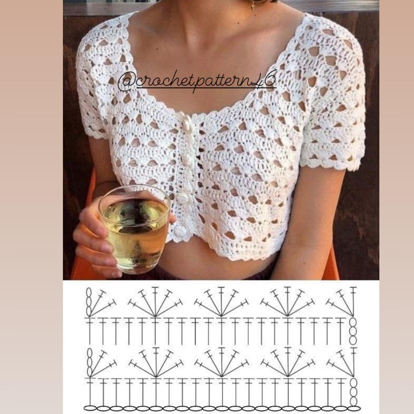 Crochet Tops Collection: Gray Wave, Brown Textured, White Tank & Beige Bodysuit with Charts