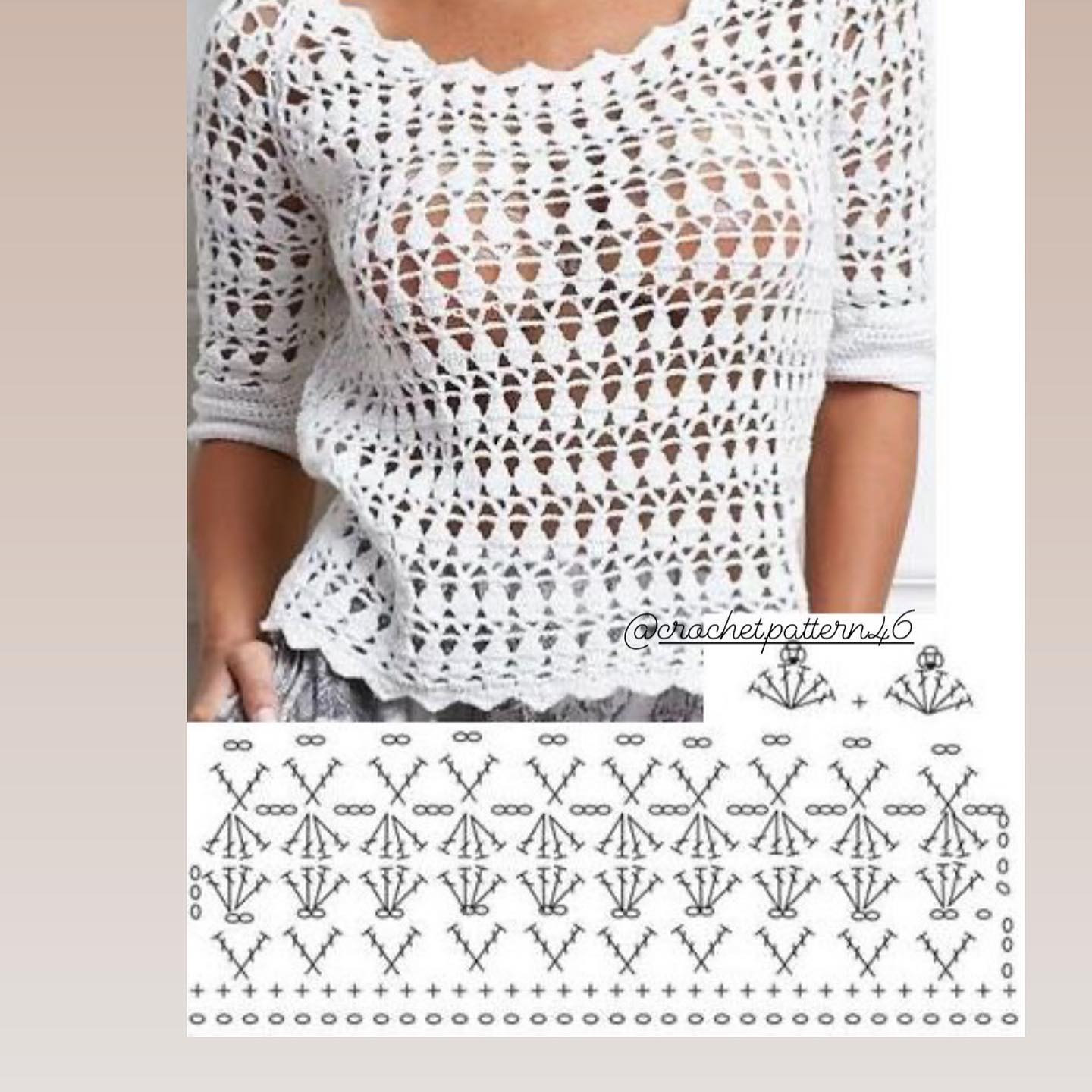 Crochet Tops Collection: Gray Wave, Brown Textured, White Tank & Beige Bodysuit with Charts