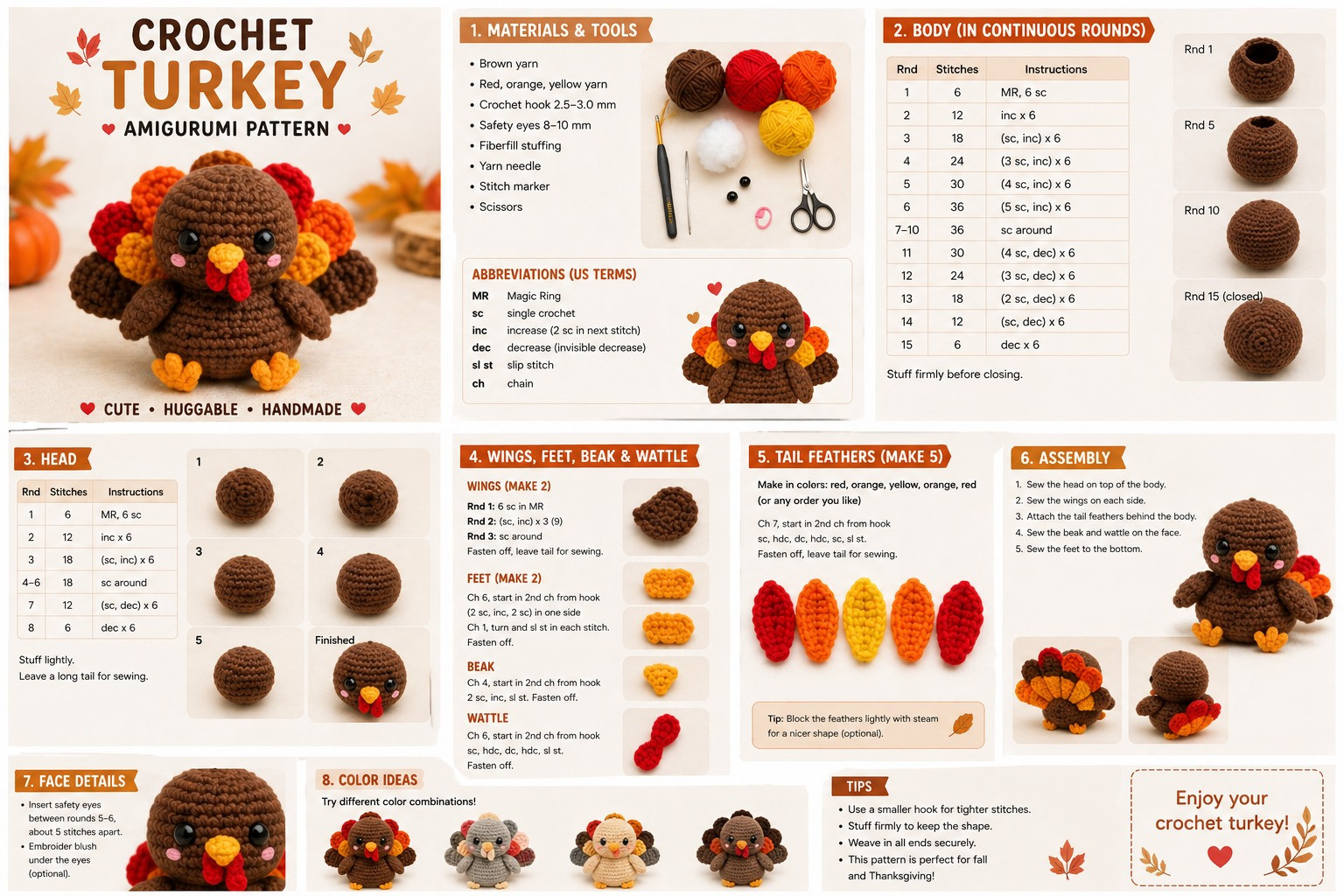 Crochet Turkey Amigurumi Pattern: Free Chart for Thanksgiving with Full Instructions and Color Ideas