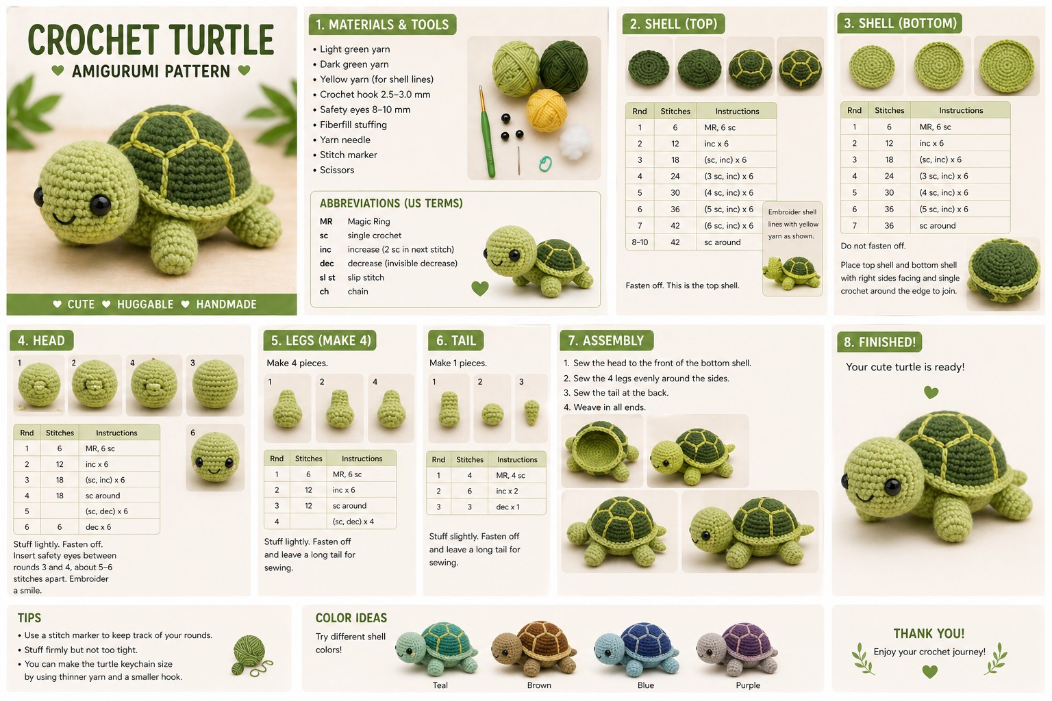 Crochet Turtle Amigurumi Pattern: Step-by-Step Guide with Materials, Abbreviations, and Color Ideas