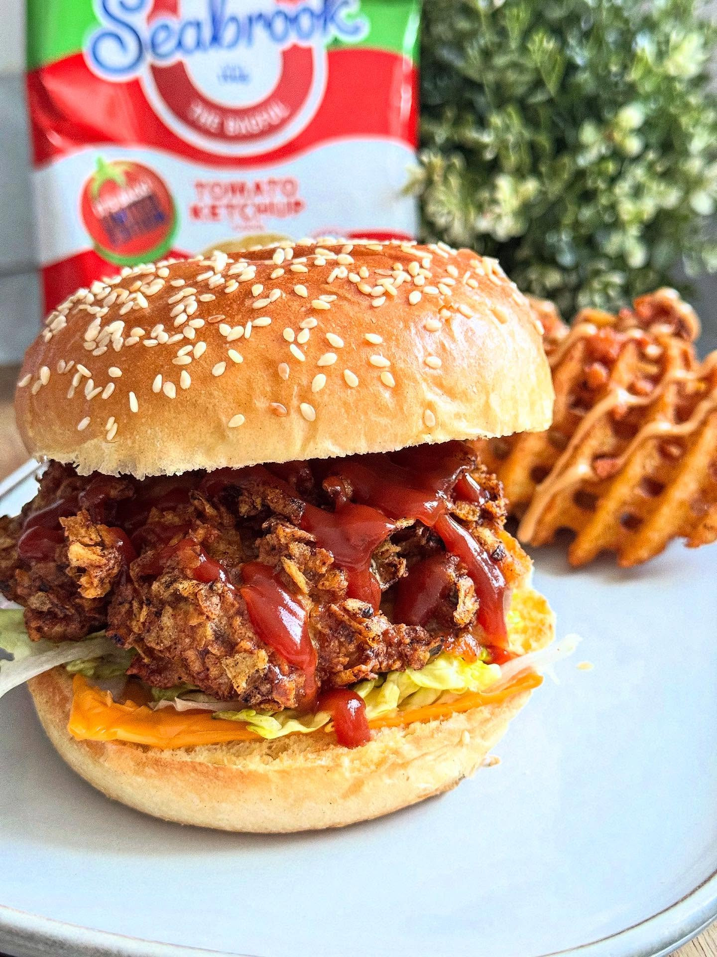 Crunchy Ketchup & Sweet Sriracha Chicken Burgers with Waffle Fries