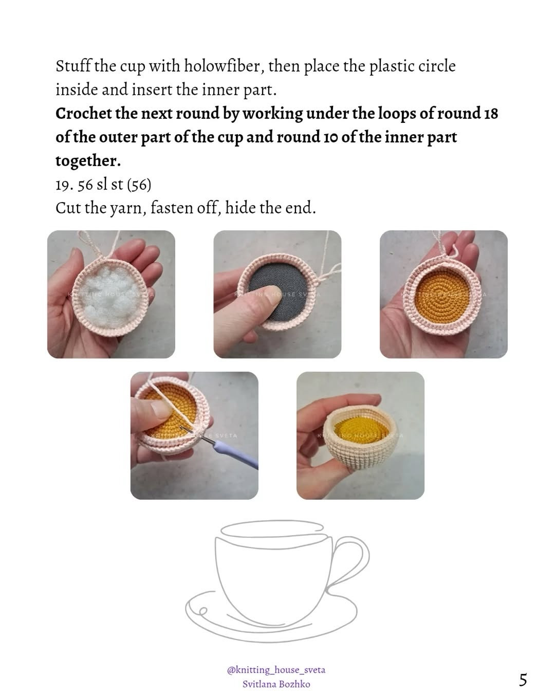 Cup of Tea: Free Crochet Pattern by Svitlana Bozhko - Miniature Peach Teacup with Mustard Yarn Interior