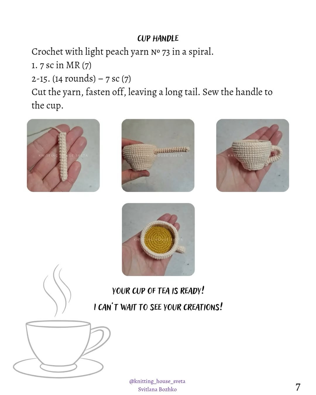 Cup of Tea: Free Crochet Pattern by Svitlana Bozhko - Miniature Peach Teacup with Mustard Yarn Interior