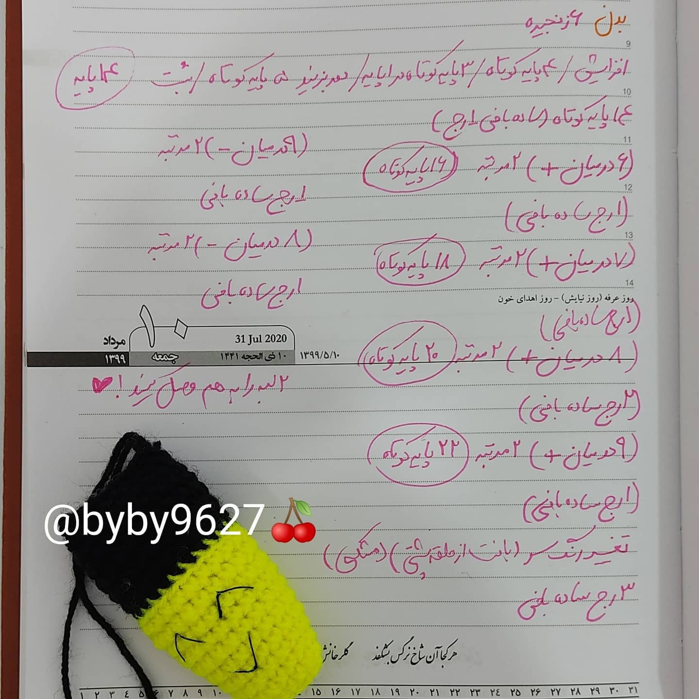 Cute Black and Yellow Crochet Amigurumi Doll Pattern with Handwritten Chart Instructions