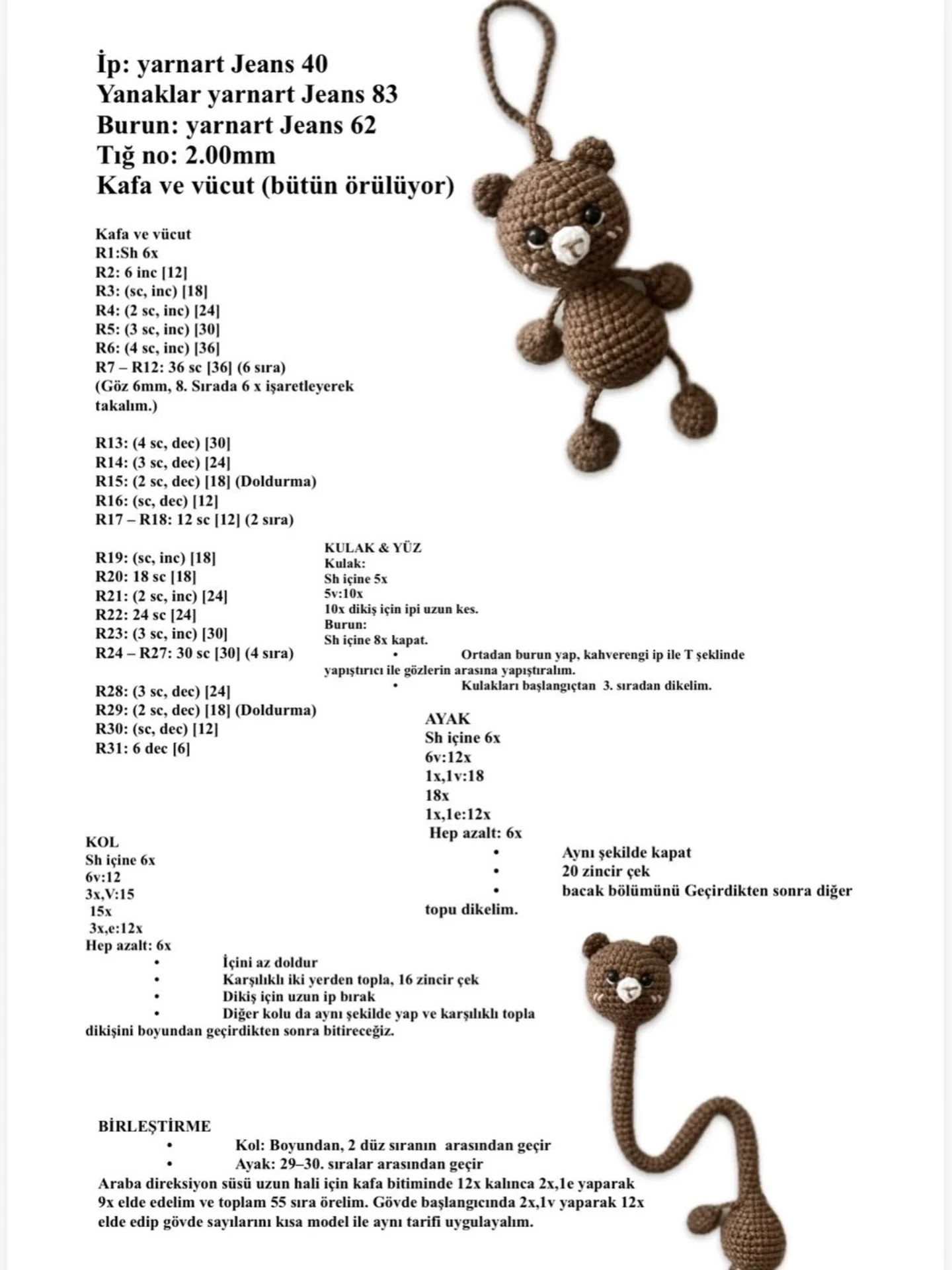 Cute Brown Crochet Bear Amigurumi Pattern: Keychain and Steering Wheel Toy