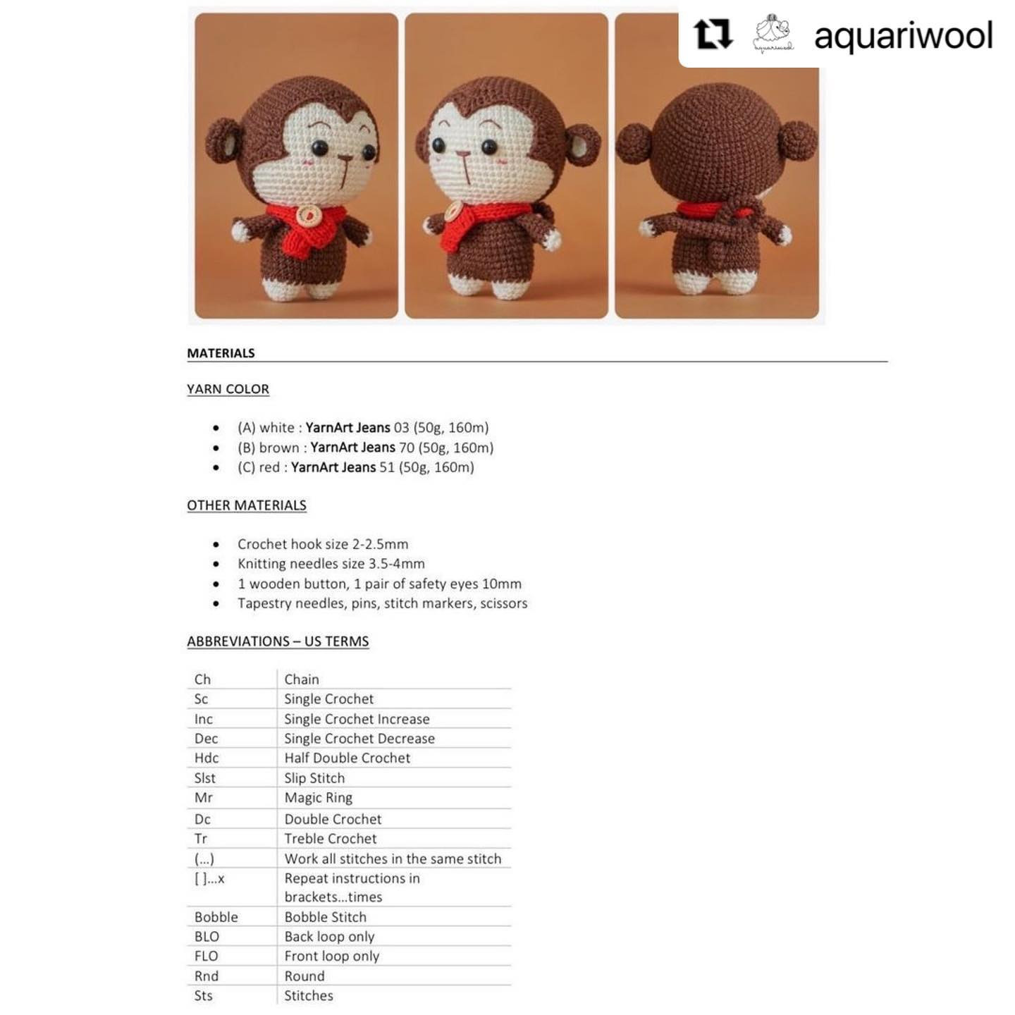 Cute Brown Monkey Amigurumi Crochet Pattern with Red Scarf