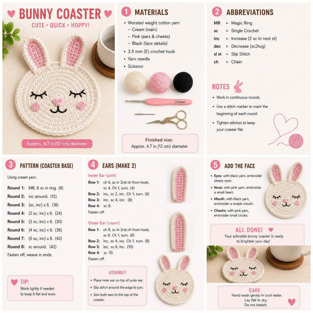 Cute Bunny Coaster Crochet Pattern Tutorial with Step-by-Step Instructions and Materials List