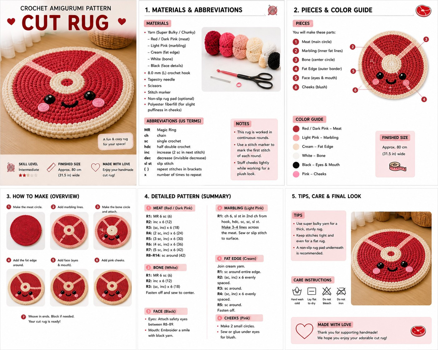 Cute Crochet Amigurumi Pattern: Adorable Meat Cut Rug with Detailed Instructions and Color Guide