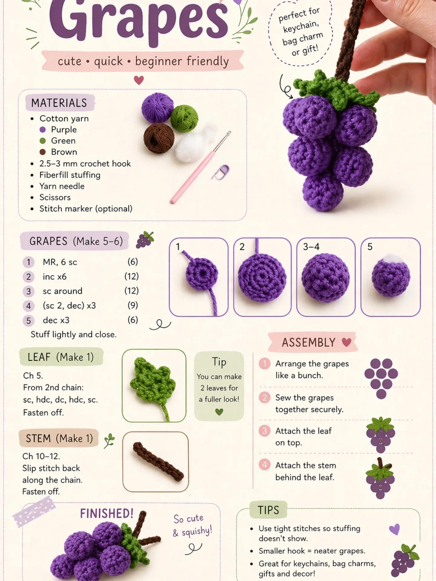 Cute Crochet Grapes Pattern: Quick Beginner Friendly Keychain Tutorial