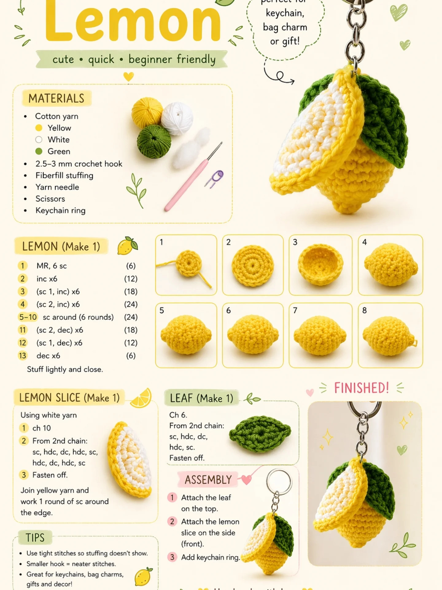 Cute Crochet Lemon Keychain Pattern: Beginner Friendly Chart for DIY Amigurumi Charm