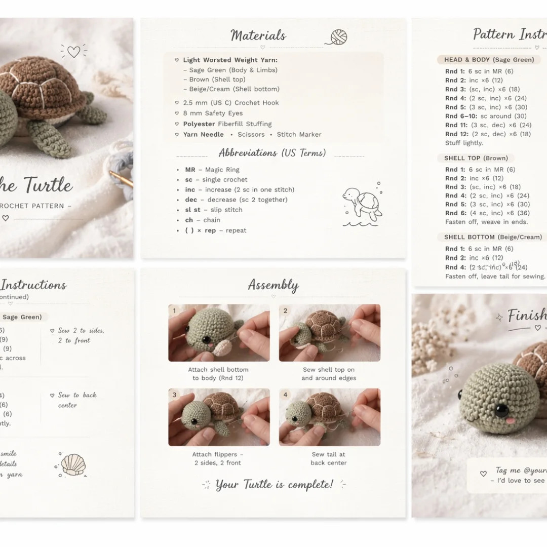 Cute Crochet Turtle Amigurumi Pattern with Materials, Instructions and Assembly Steps