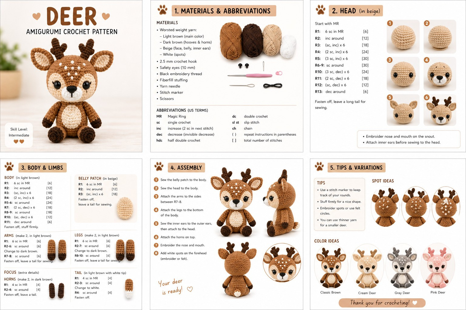 Cute Deer Amigurumi Crochet Pattern: Materials, Step-by-Step Instructions & Color Variations