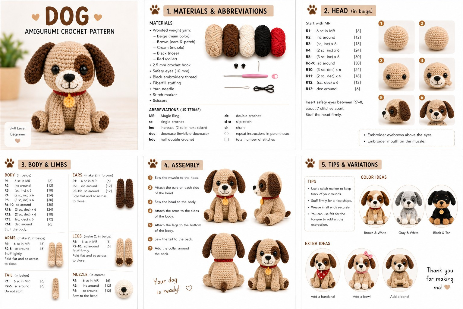 Cute Dog Amigurumi Crochet Pattern: Complete Free Tutorial Chart with Materials and Assembly Guide