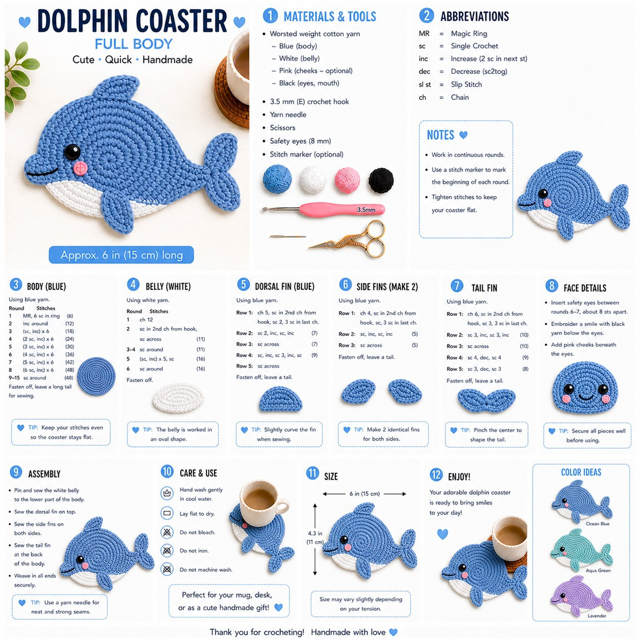 Cute Dolphin Coaster Full Body Free Crochet Pattern