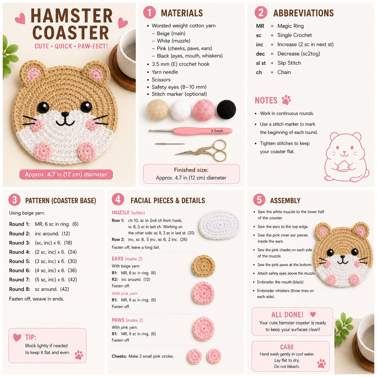 Cute Hamster Coaster Crochet Free Pattern - Beige, White & Pink