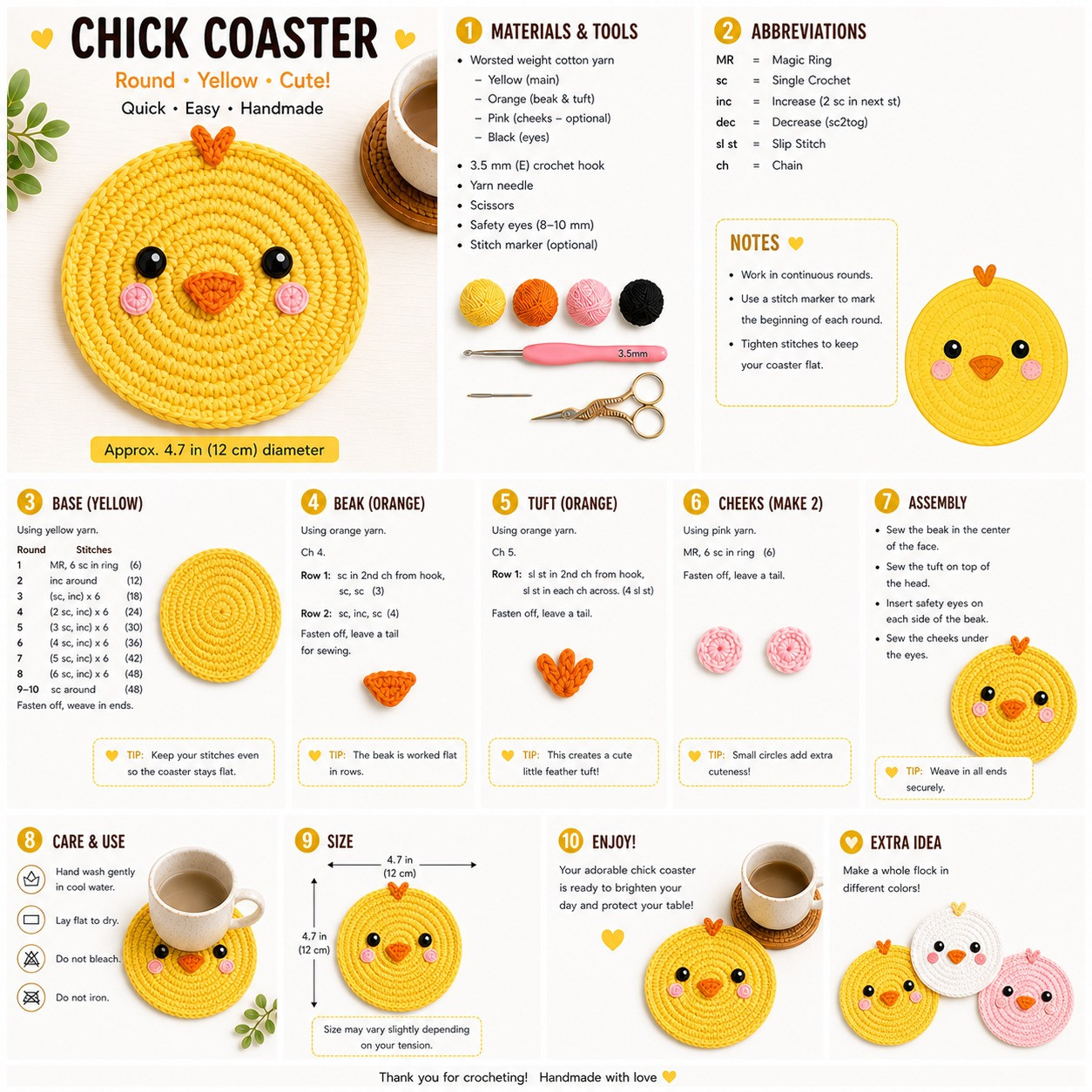 Cute Yellow Chick Coaster Free Crochet Pattern - Round Flat Chart with Assembly Instructions
