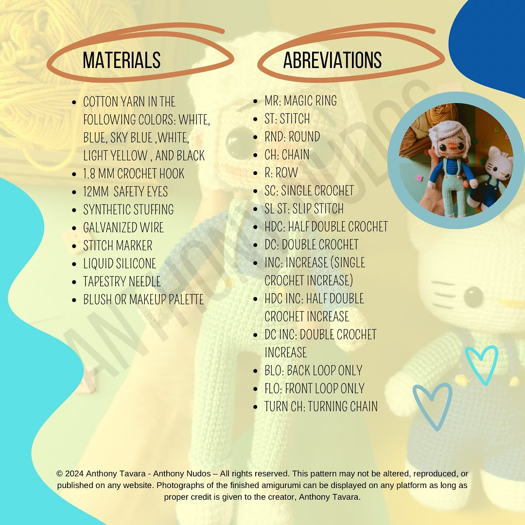 Daniel and Dear Daniel's Amigurumi Crochet Pattern Materials & Abbreviations Guide