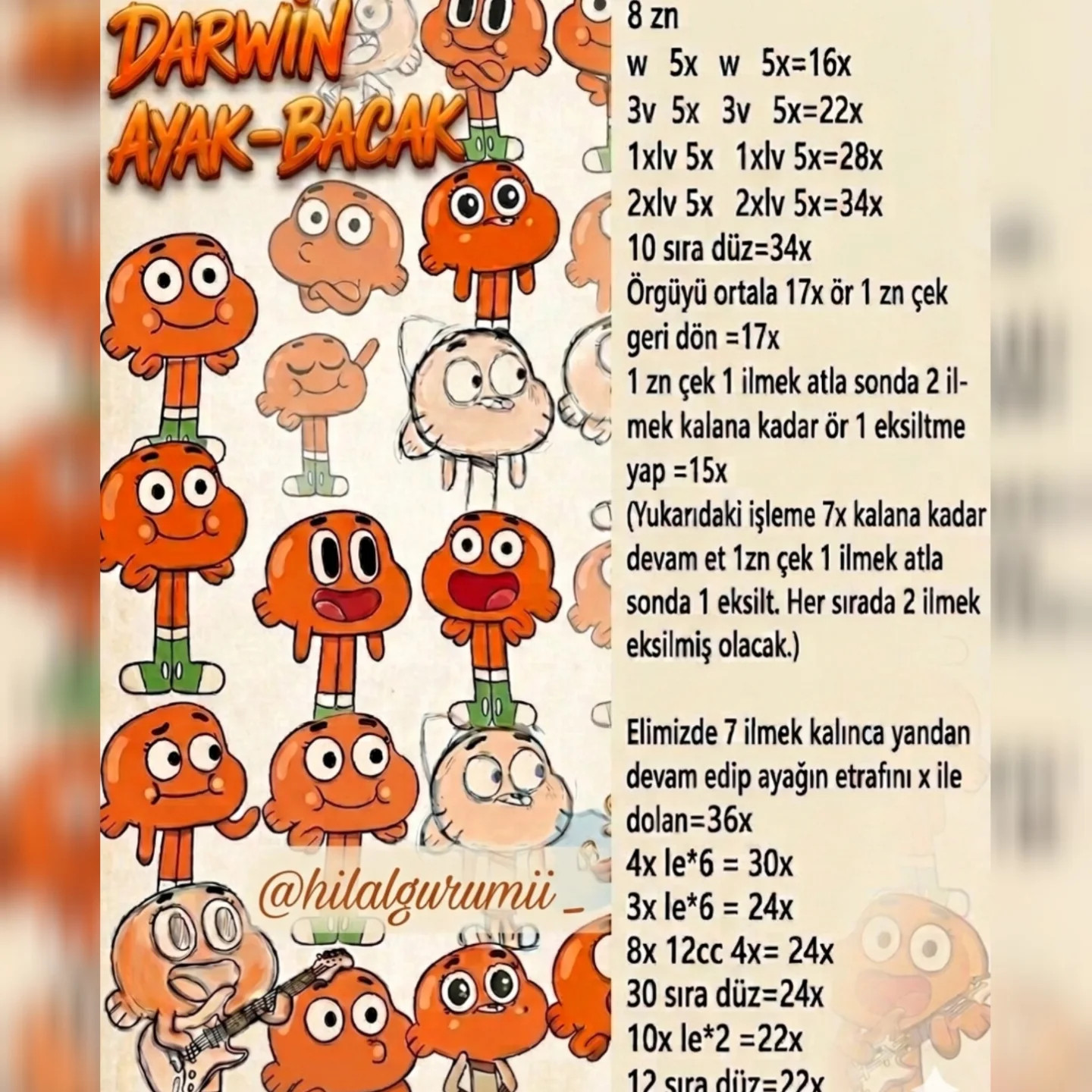 Darwin amigurumi crochet pattern with Turkish instructions and materials list