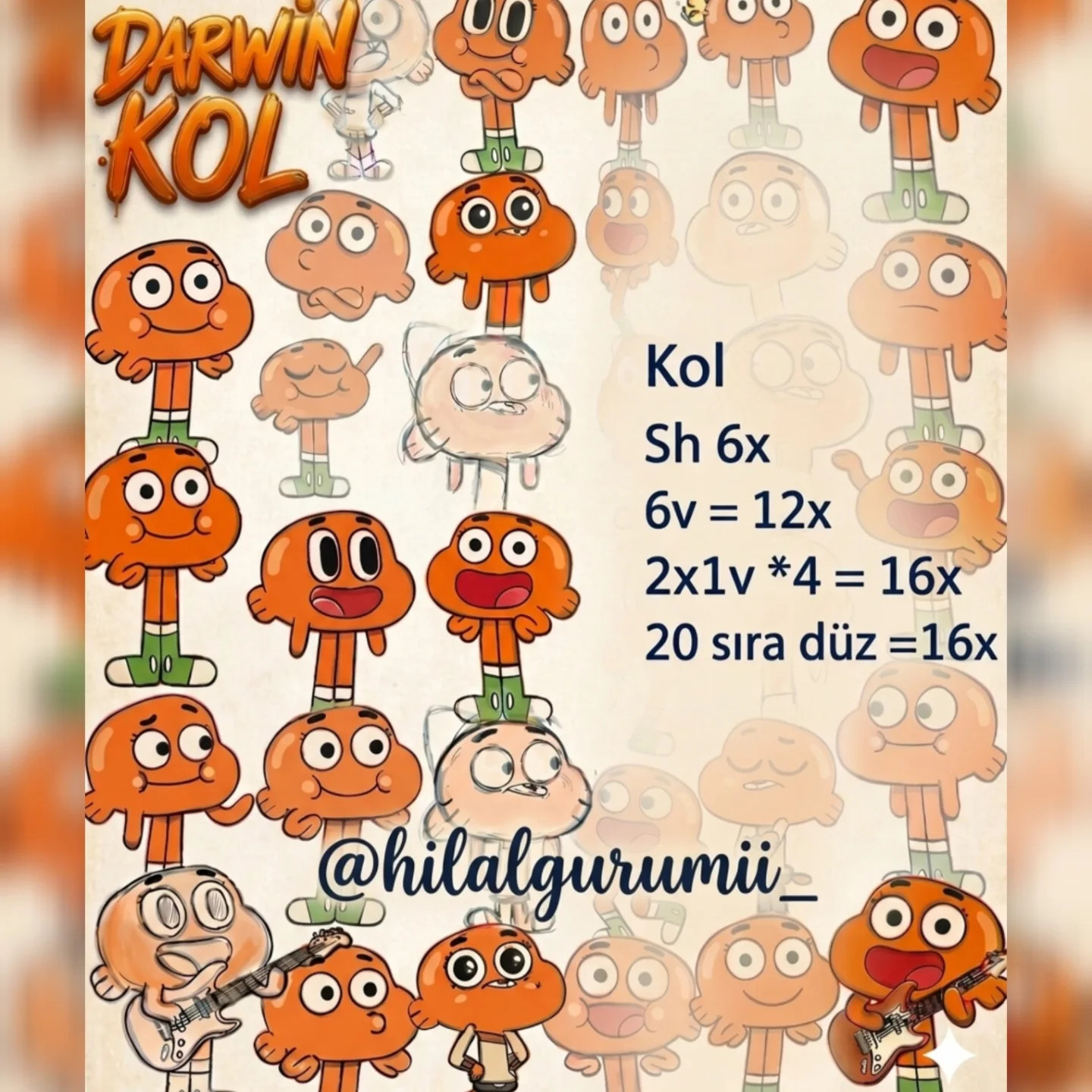 Darwin amigurumi crochet pattern with Turkish instructions and materials list