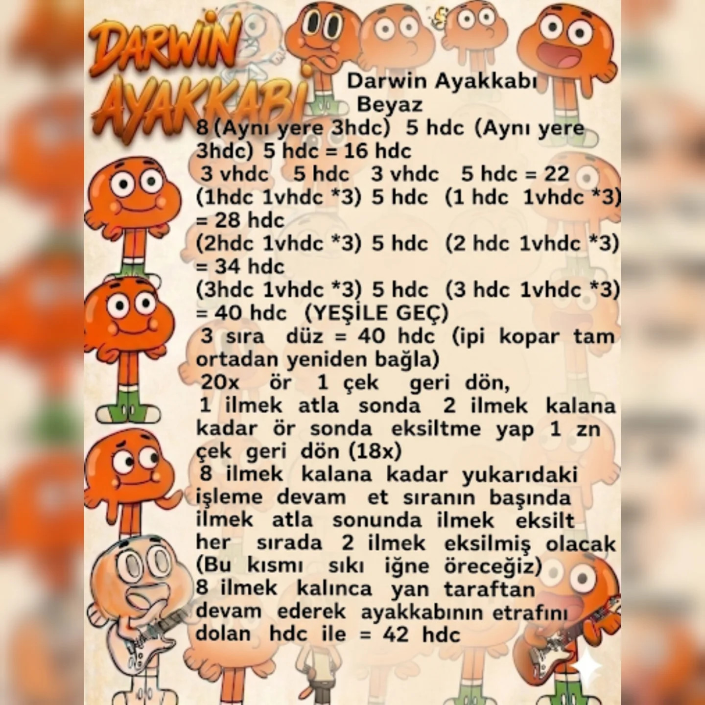 Darwin amigurumi crochet pattern with Turkish instructions and materials list