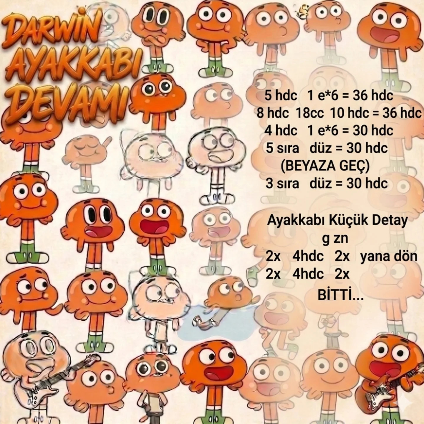 Darwin amigurumi crochet pattern with Turkish instructions and materials list