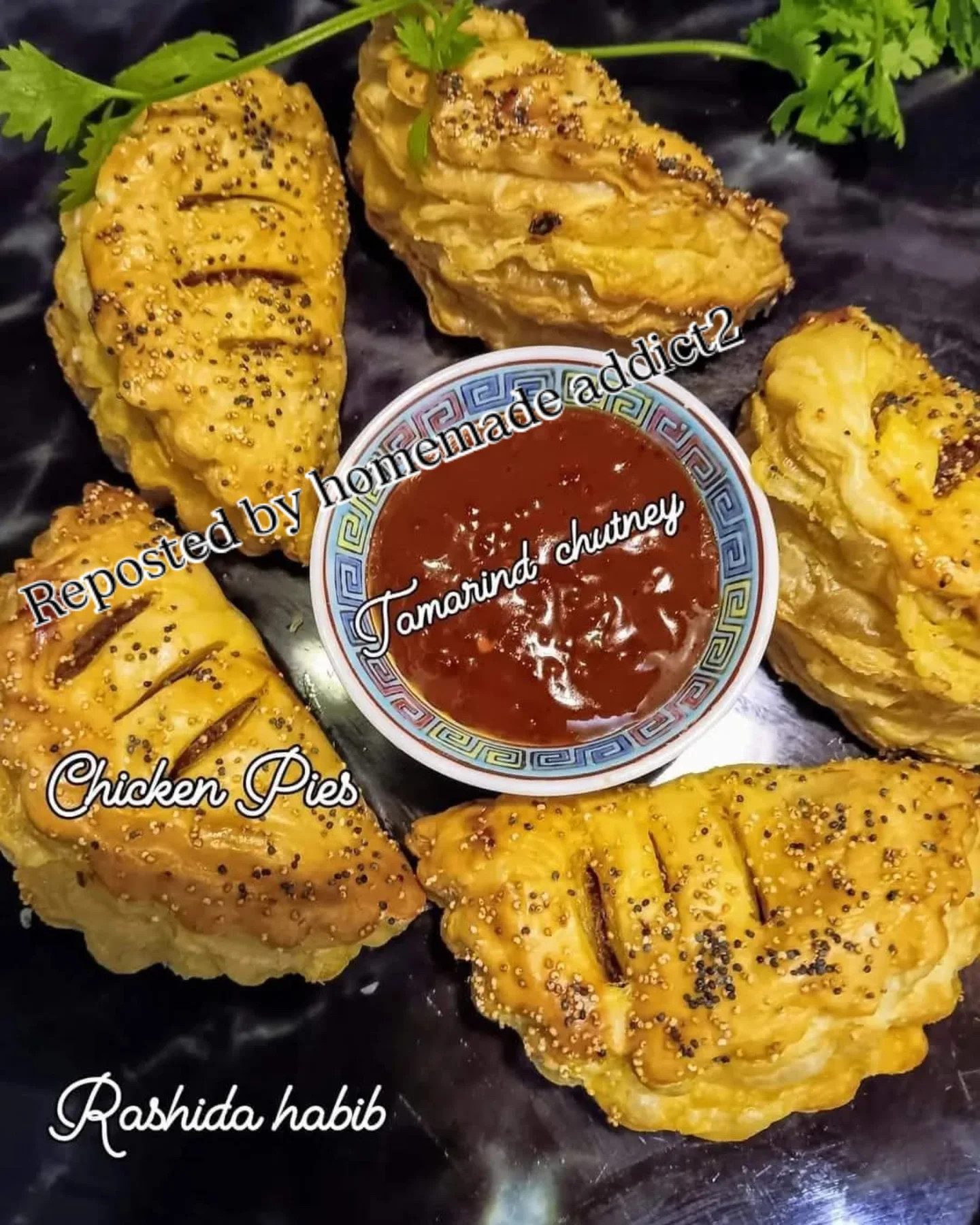 Delicious Homemade Chicken Pies Served with Spicy Tamarind Chutney