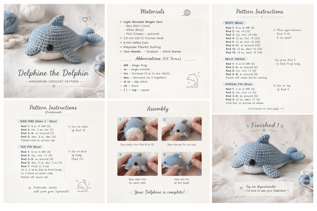 Delphine the Dolphin Amigurumi Crochet Pattern with Instructions and Materials