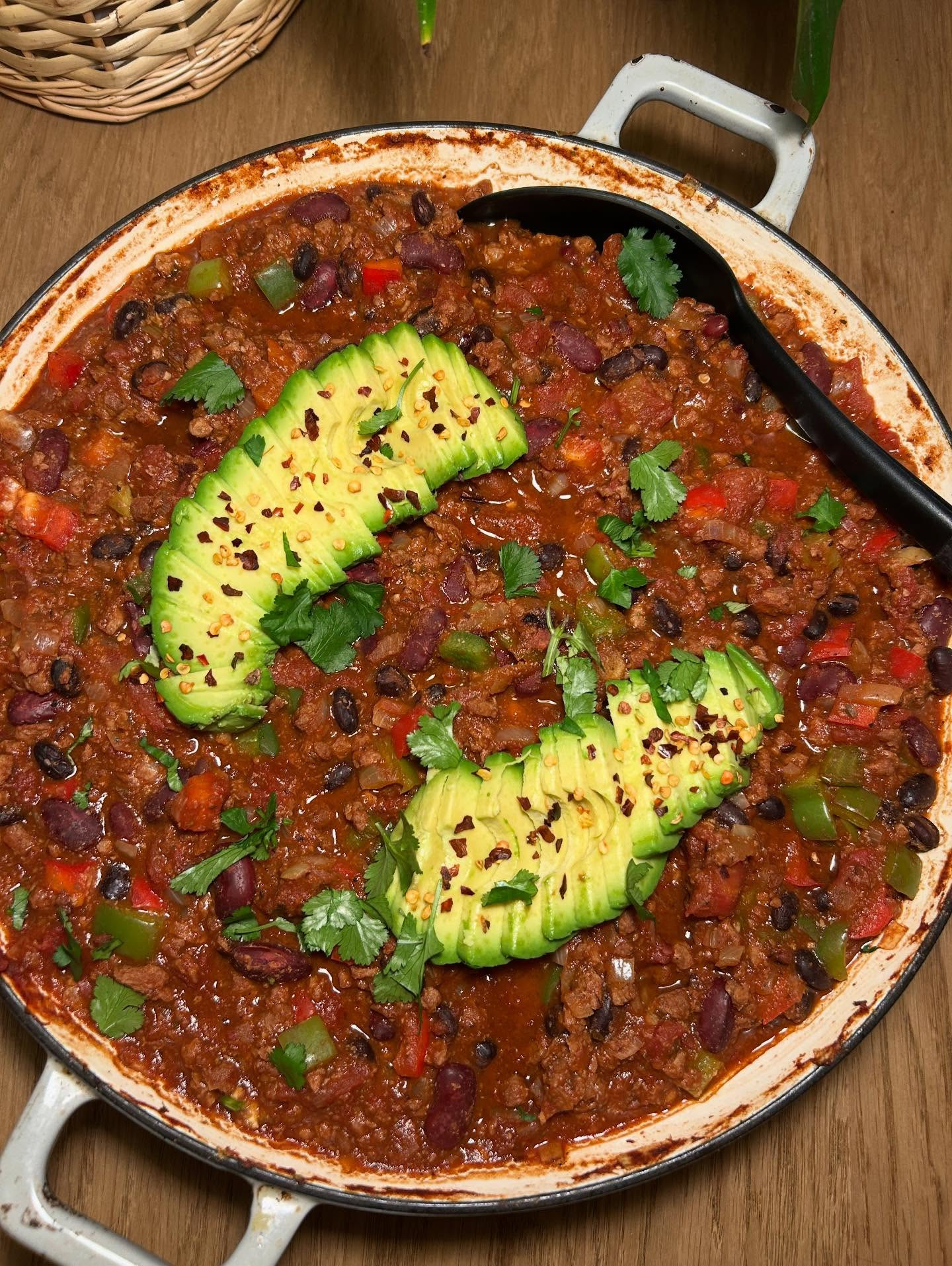 Easy Vegan Chilli with Avocado, Beans and Spices