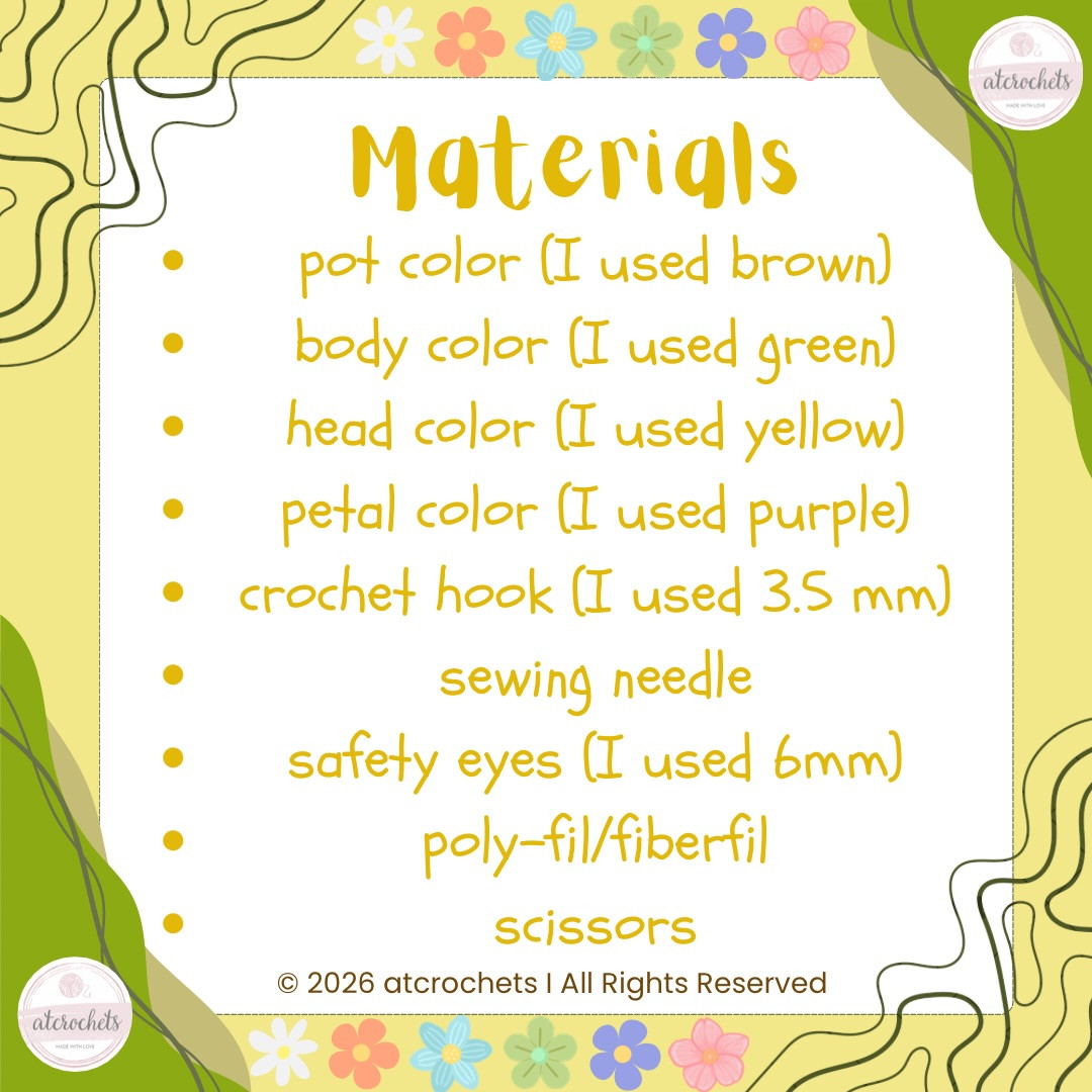 Flower Pal (popping) Free Crochet Pattern: Cute Amigurumi Doll with Brown Pot, Green Body, and Purple Petals