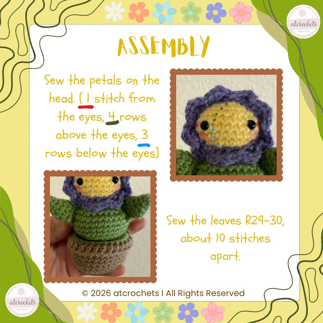Flower Pal (popping) Free Crochet Pattern: Cute Amigurumi Doll with Brown Pot, Green Body, and Purple Petals