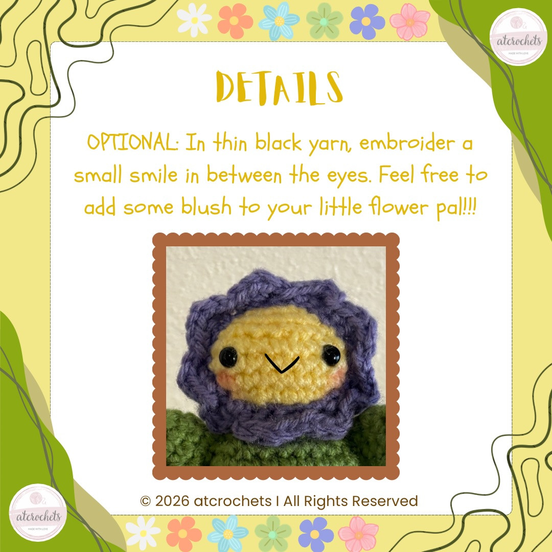 Flower Pal (popping) Free Crochet Pattern: Cute Amigurumi Doll with Brown Pot, Green Body, and Purple Petals