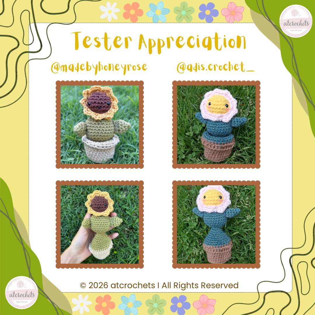 Flower Pal (popping) Free Crochet Pattern: Cute Amigurumi Doll with Brown Pot, Green Body, and Purple Petals